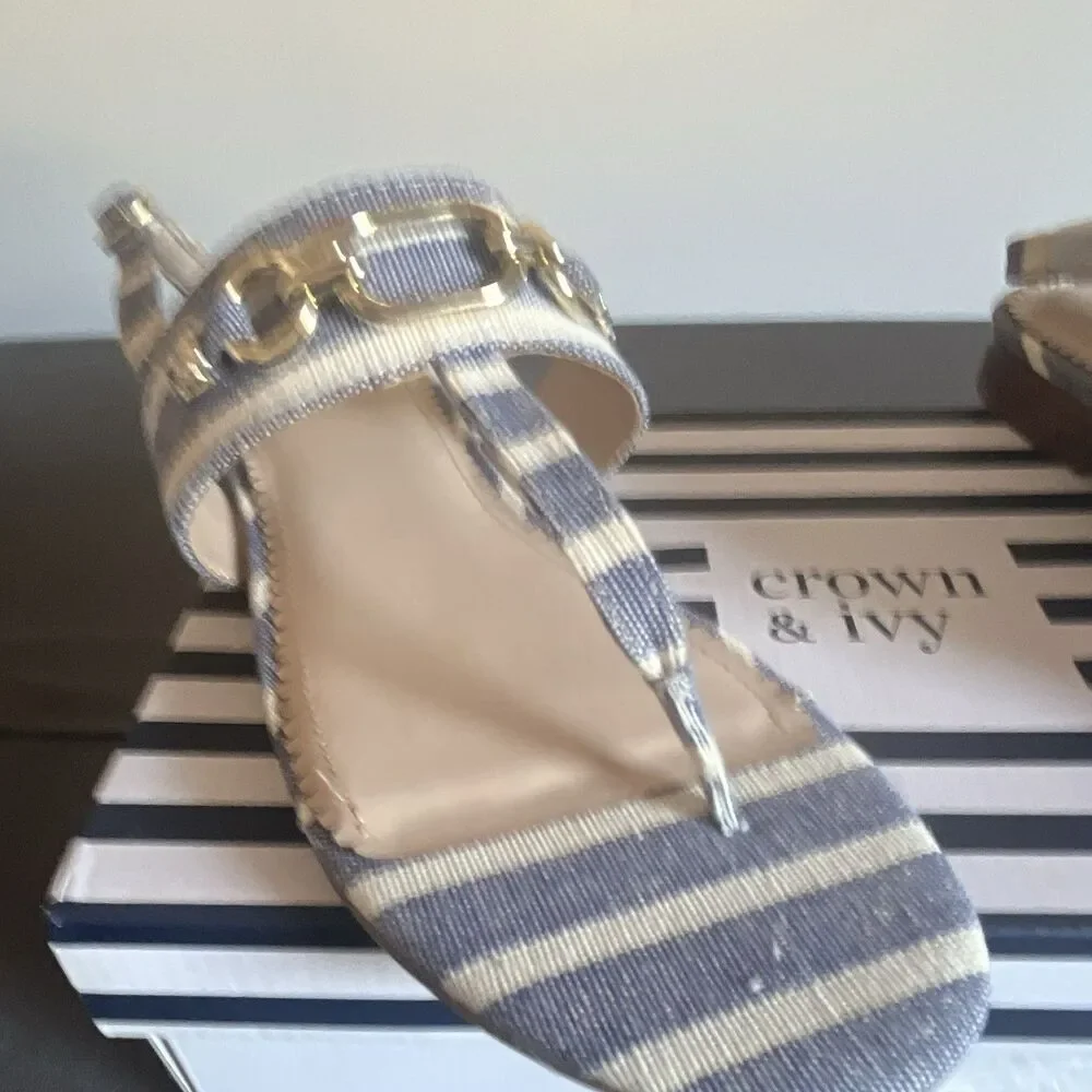 Crown & Ivy Women’s Striped Chain Ankle Strap Buckle Strappy Sandals 7.5M NWT